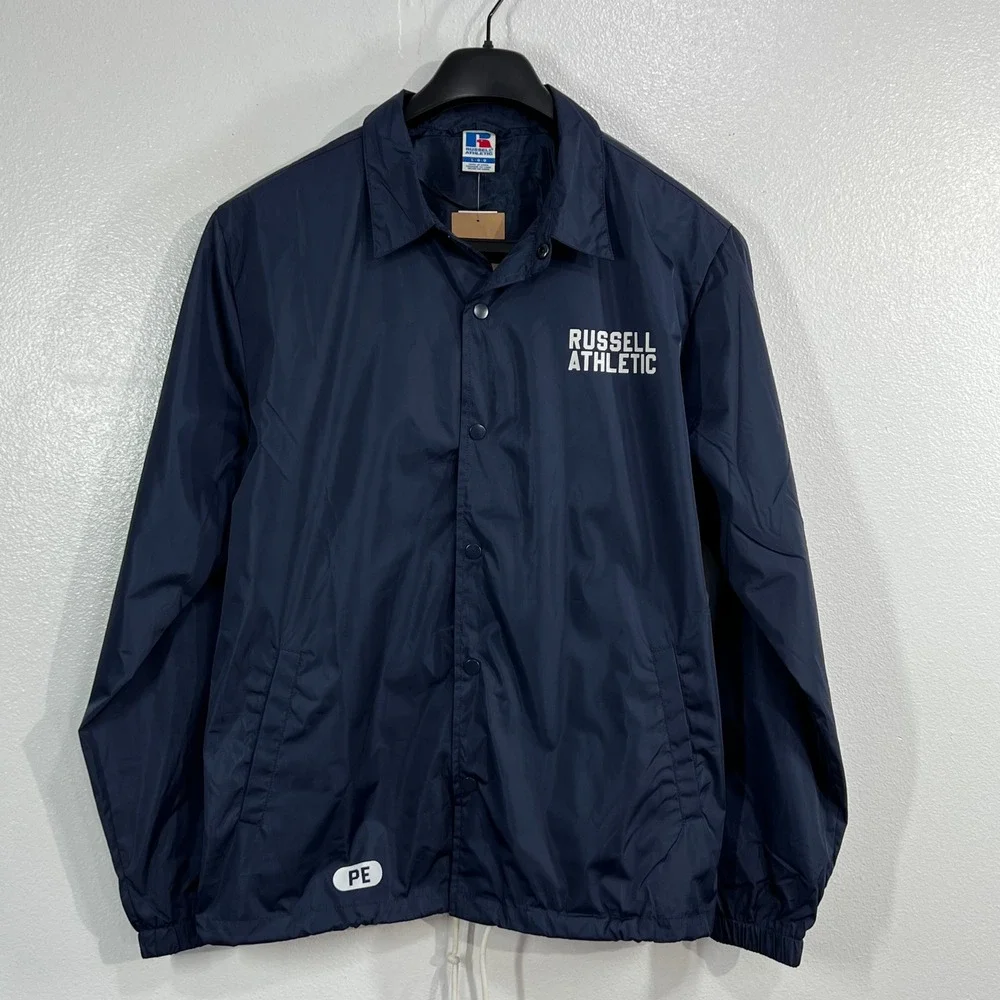 Russell Athletic Mens Large Navy Blue Coaches Jacket Windbreaker Snap Front NEW